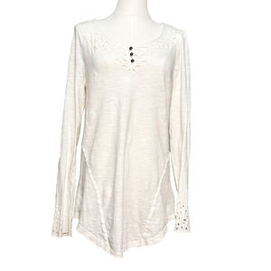 Free People Ivory Cutout Cotton Long Sleeve Top Scoop Neckline Small Boho